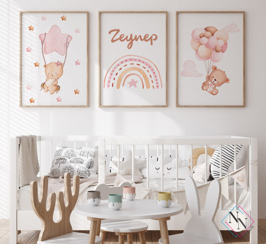 İsme Özel Oyuncak Ayı ve Gökyüzü Temalı 3'lü Set - Pembe image 0