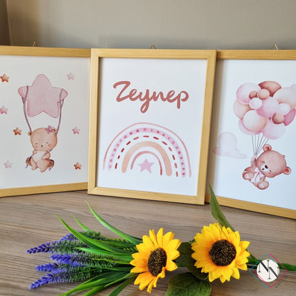 İsme Özel Oyuncak Ayı ve Gökyüzü Temalı 3'lü Set - Pembe image 4