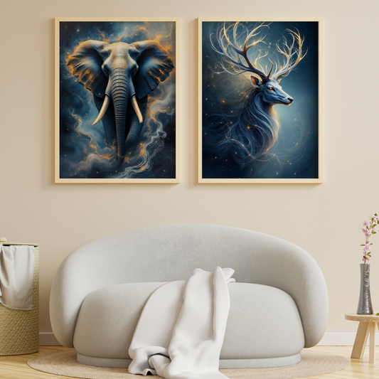 Fil ve Geyik - Soyut Duvar Dekoru - 2'li Set