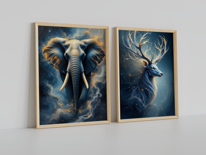 Fil ve Geyik - Soyut Duvar Dekoru - 2'li Set