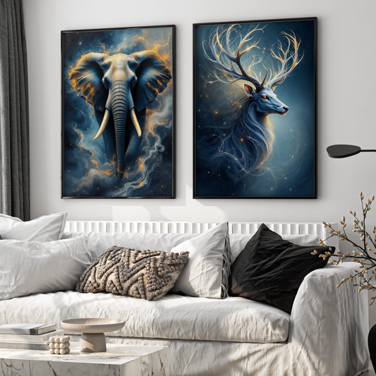 Fil ve Geyik - Soyut Duvar Dekoru - 2'li Set