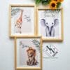 3lü-naturel Safari - Aslan, Zürafa ve Fil 3’lü Set- v01 - Doğal Ahşap Çerçeveli, Bebek ve Çocuk Odası Tablo Seti