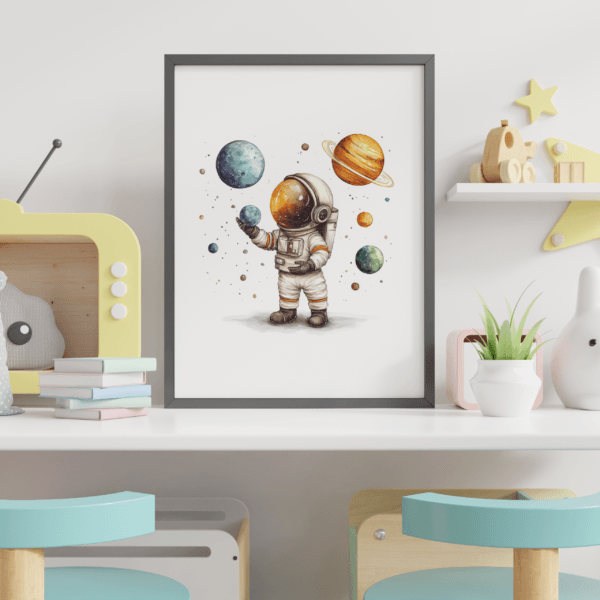 gezegenler-3lü-set-mockup-03-1x1 Uzay Konseptli 3'lü Set - Gezegenler, Astronot - Doğal Ahşap Çerçeveli, Bebek ve Çocuk Odası Tablo Seti