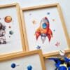 gezegenler-roket Uzay Konseptli 3'lü Set - Gezegenler, Astronot - Doğal Ahşap Çerçeveli, Bebek ve Çocuk Odası Tablo Seti