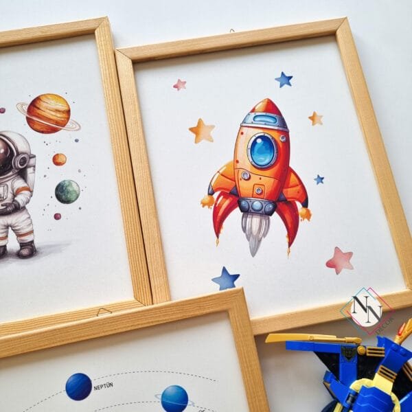 gezegenler-roket Uzay Konseptli 3'lü Set - Gezegenler, Astronot - Doğal Ahşap Çerçeveli, Bebek ve Çocuk Odası Tablo Seti