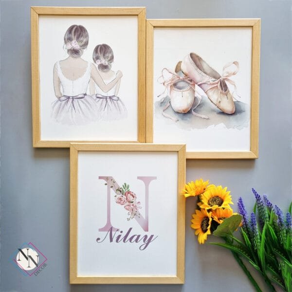 isme-özel-balerin-set İsme Özel Anne- Kız Balerin Konseptli 3'lü Set - Doğal Ahşap Çerçeveli, Kız Bebek ve Çocuk Odası