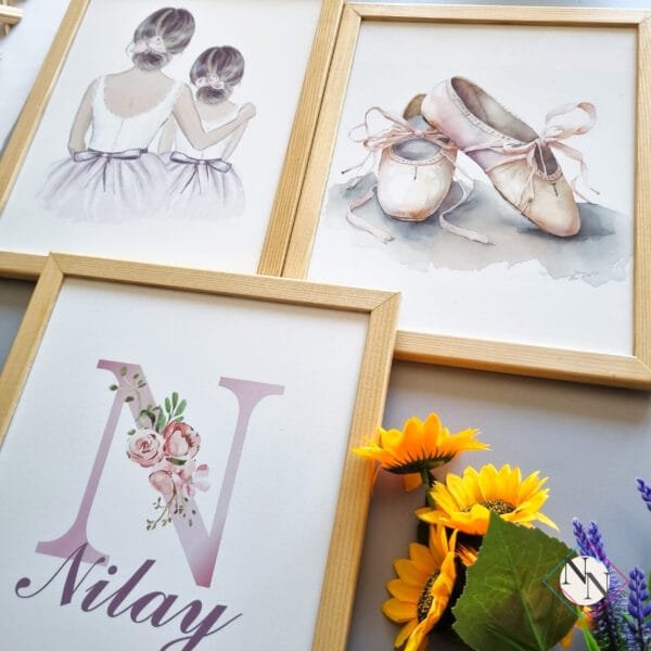isme-özel-balerin-set-yatay İsme Özel Anne- Kız Balerin Konseptli 3'lü Set - Doğal Ahşap Çerçeveli, Kız Bebek ve Çocuk Odası