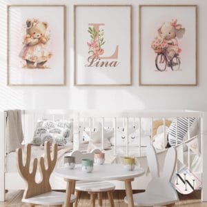 lina-üçlü-mockup-ahşap-çerçeve İsme Özel Ayı ve Fil, Çiçek Temalı 3'lü Set - Doğal Ahşap Çerçeveli, Kız Bebek ve Çocuk Odası
