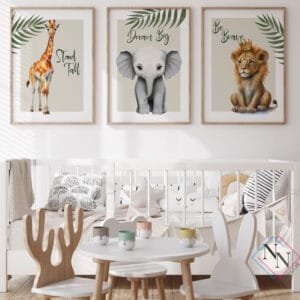 Safari - Aslan, Zürafa ve Fil 3’lü Set- v01 - Doğal Ahşap Çerçeveli, Bebek ve Çocuk Odası Tablo Seti