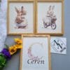 tavşanlar-3lü-set İsme Özel Tavşan Figürlü 3'lü Set - Doğal Ahşap Çerçeveli, Kız Bebek ve Çocuk Odası Tablosu