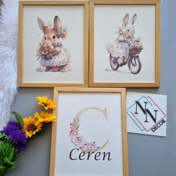 tavşanlar-3lü-set İsme Özel Tavşan Figürlü 3'lü Set - Doğal Ahşap Çerçeveli, Kız Bebek ve Çocuk Odası Tablosu