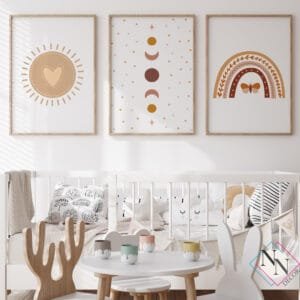 GÜNEŞ-AY-GÖKKUŞAĞI Boho Temalı 3'lü Set - Ay, Güneş ve Gökkuşağı - Doğal Ahşap Çerçeveli, Bebek ve Çocuk Odası Tablo Seti
