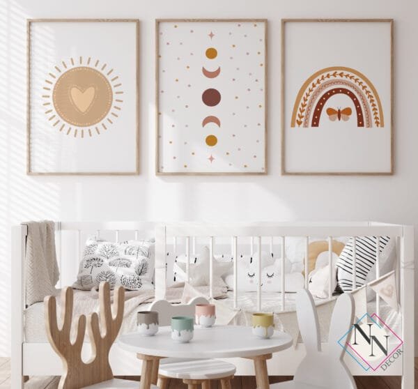 GÜNEŞ-AY-GÖKKUŞAĞI Boho Temalı 3'lü Set - Ay, Güneş ve Gökkuşağı - Doğal Ahşap Çerçeveli, Bebek ve Çocuk Odası Tablo Seti