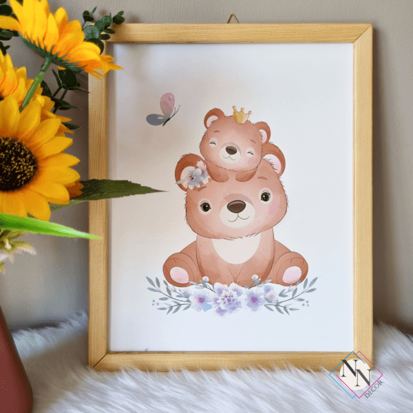 Nursery-Wall-Art-Bear-and-Rainbow-03 İsme Özel Oyuncak Ayı ve Gökyüzü Temalı 3'lü Set - Doğal Ahşap Çerçeveli, Kız Bebek ve Çocuk Odası