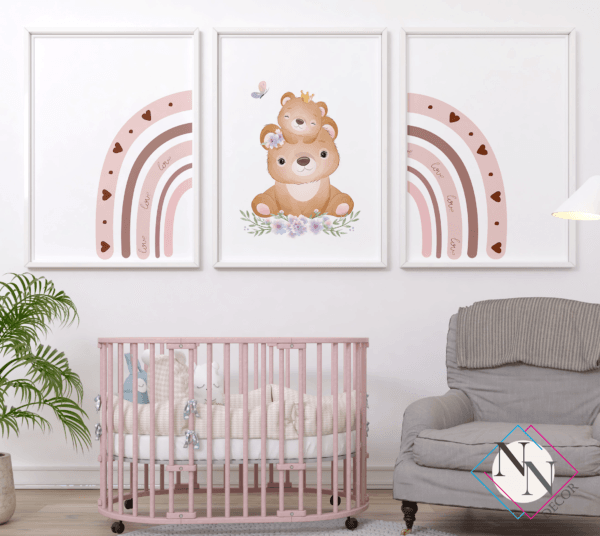 Nursery-Wall-Art-Bear-and-Rainbow-Nursery-Wall-Art-Bear-and-Rainbow-White-02 İsme Özel Oyuncak Ayı ve Gökyüzü Temalı 3'lü Set - Doğal Ahşap Çerçeveli, Kız Bebek ve Çocuk Odası