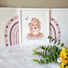 Nursery-Wall-Art-Bear-and-Rainbow-White-01 İsme Özel Oyuncak Ayı ve Gökyüzü Temalı 3'lü Set - Doğal Ahşap Çerçeveli, Kız Bebek ve Çocuk Odası