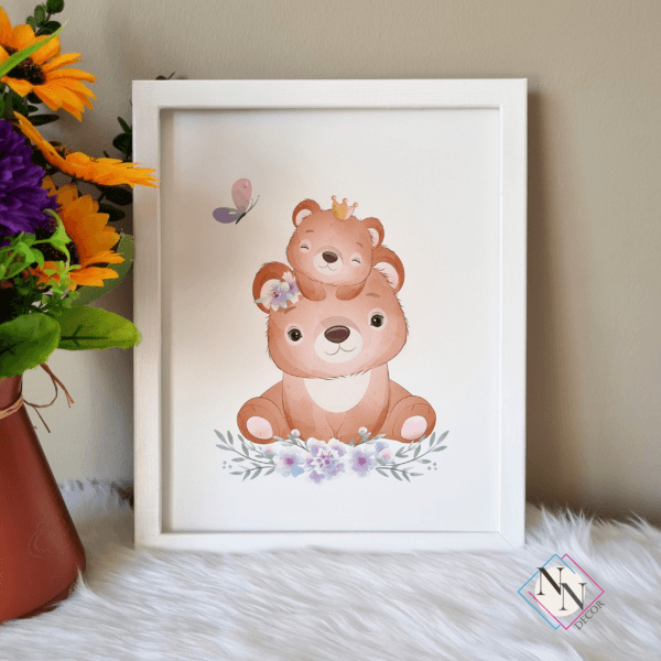 Nursery-Wall-Art-Bear-and-Rainbow-White-03 İsme Özel Oyuncak Ayı ve Gökyüzü Temalı 3'lü Set - Doğal Ahşap Çerçeveli, Kız Bebek ve Çocuk Odası