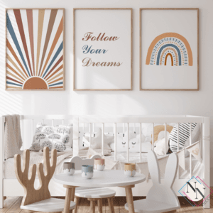 Boho Temalı 3'lü Set - Güneş ve Gökkuşağı - Doğal Ahşap Çerçeveli, Bebek ve Çocuk Odası Tablo Seti
