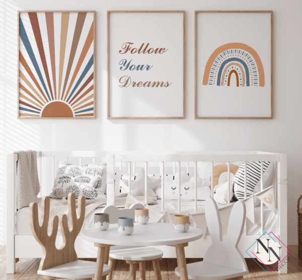 Nursery-Wall-Art-Boho-Motivational-01 Boho Temalı 3'lü Set - Güneş ve Gökkuşağı - Doğal Ahşap Çerçeveli, Bebek ve Çocuk Odası Tablo Seti
