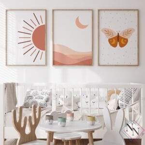 Boho Temalı 3'lü Set - Güneş, Çöl, Kelebek - Doğal Ahşap Çerçeveli, Bebek ve Çocuk Odası Tablo Seti