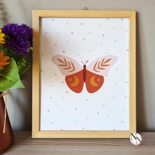 Nursery-Wall-Art-Boho-Sun-Moon-and-Butterfly Boho Temalı 3'lü Set - Güneş, Çöl, Kelebek - Doğal Ahşap Çerçeveli, Bebek ve Çocuk Odası Tablo Seti