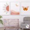 Nursery-Wall-Art-Boho-Sun-Moon-and-Butterfly Boho Temalı 3'lü Set - Güneş, Çöl, Kelebek - Doğal Ahşap Çerçeveli, Bebek ve Çocuk Odası Tablo Seti