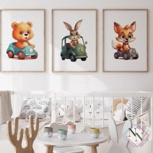 Nursery-Wall-Art-Cars-and-Animals Arabalı Tavşan, Ayı ve Tilki 3'lü Set - Doğal Ahşap Çerçeveli, Bebek ve Çocuk Odası Tablo Seti