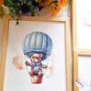 Nursery-Wall-Art-Safari-Animals-and-Balloons Balon Temalı 3'lü Set - Aslan, Ayı, Sincap - Doğal Ahşap Çerçeveli, Bebek ve Çocuk Odası Tablo Seti