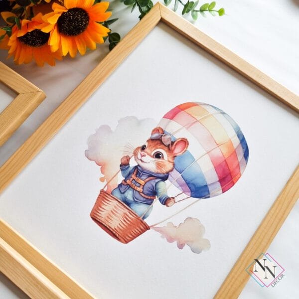Nursery-Wall-Art-Safari-Animals-and-Balloons Balon Temalı 3'lü Set - Aslan, Ayı, Sincap - Doğal Ahşap Çerçeveli, Bebek ve Çocuk Odası Tablo Seti