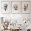 Nursery-Wall-Art-Safari-Animals-and-Balloons Balon Temalı 3'lü Set - Aslan, Ayı, Sincap - Doğal Ahşap Çerçeveli, Bebek ve Çocuk Odası Tablo Seti