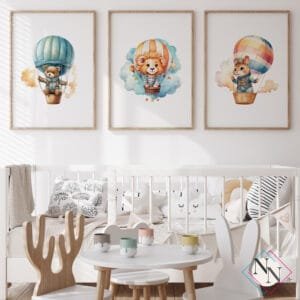 Nursery-Wall-Art-Safari-Animals-and-Balloons Balon Temalı 3'lü Set - Aslan, Ayı, Sincap - Doğal Ahşap Çerçeveli, Bebek ve Çocuk Odası Tablo Seti