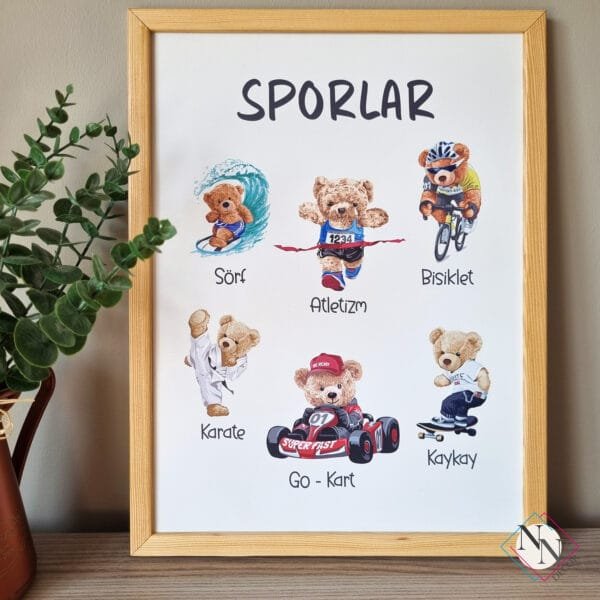 SPORLAR-AHŞAP-PART2 Sporlar Eğitici 2'li Set - Doğal Ahşap Çerçeveli, Bebek Ve Çocuk Odası Tablo Seti