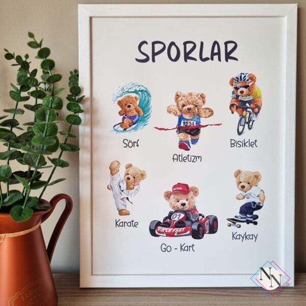 SPORLAR-BEYAZ-PART1 Sporlar Eğitici 2'li Set - Doğal Ahşap Çerçeveli, Bebek Ve Çocuk Odası Tablo Seti