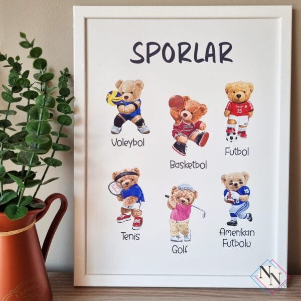 SPORLAR-BEYAZ-PART2 Sporlar Eğitici 2'li Set - Doğal Ahşap Çerçeveli, Bebek Ve Çocuk Odası Tablo Seti