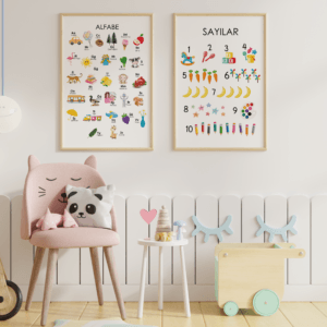 Eğitici Tablolar - Alfabe ve Sayılar - Doğal Ahşap Çerçeveli, Bebek ve Çocuk Odası Tablo Seti