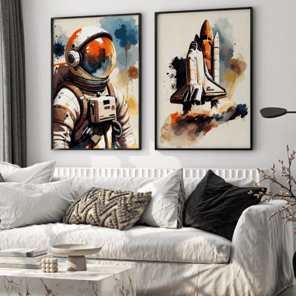 Astronot ve Uzay Mekiği - Sürreal Duvar Dekoru - Doğal Ahşap Çerçeveli Ev ve Ofis Tablosu