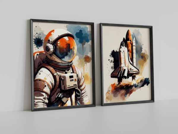 Astronot ve Uzay Mekiği - Sürreal Duvar Dekoru - Doğal Ahşap Çerçeveli Ev ve Ofis Tablosu