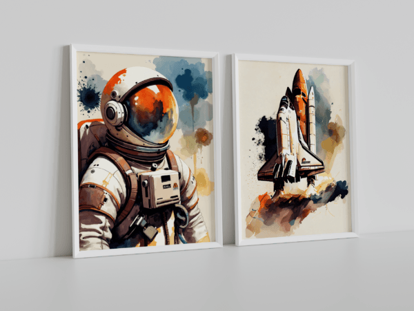 Astronot ve Uzay Mekiği - Sürreal Duvar Dekoru - Doğal Ahşap Çerçeveli Ev ve Ofis Tablosu
