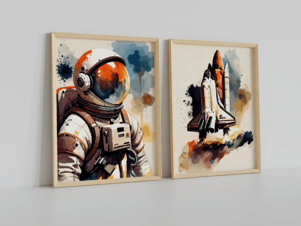 Astronot ve Uzay Mekiği - Sürreal Duvar Dekoru - Doğal Ahşap Çerçeveli Ev ve Ofis Tablosu