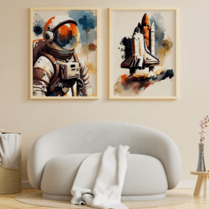 astronot-ve-uzay-mekiği-mockup-07-1x1-yakın Astronot ve Uzay Mekiği - Sürreal Duvar Dekoru - Doğal Ahşap Çerçeveli Ev ve Ofis Tablosu