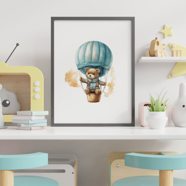 balon-temalı-3lü-set-mockup-03-1x1 Balon Temalı 3'lü Set - Aslan, Ayı, Sincap - Doğal Ahşap Çerçeveli, Bebek ve Çocuk Odası Tablo Seti