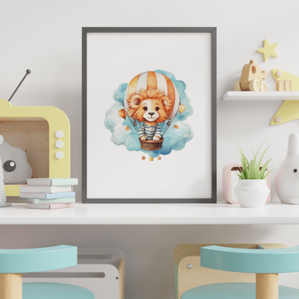 balon-temalı-3lü-set-mockup-04-1x1 Balon Temalı 3'lü Set - Aslan, Ayı, Sincap - Doğal Ahşap Çerçeveli, Bebek ve Çocuk Odası Tablo Seti