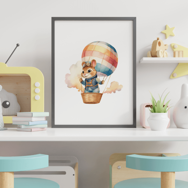 balon-temalı-3lü-set-mockup-05-1x1 Balon Temalı 3'lü Set - Aslan, Ayı, Sincap - Doğal Ahşap Çerçeveli, Bebek ve Çocuk Odası Tablo Seti