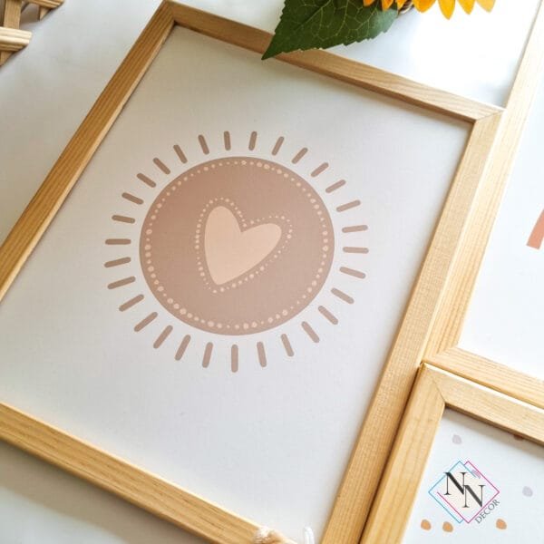 boho-güneş-şeffaf Boho Temalı 3'lü Set - Ay, Güneş ve Gökkuşağı - Doğal Ahşap Çerçeveli, Bebek ve Çocuk Odası Tablo Seti