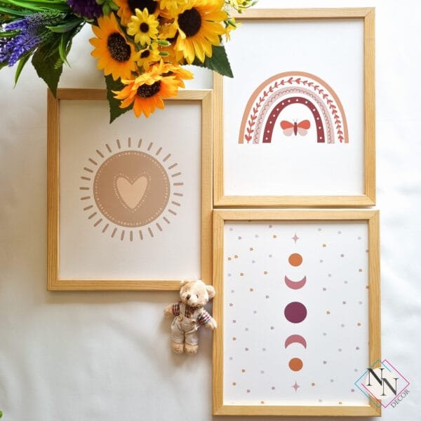 boho-serisi-ay,güneş,gökkuşağı-şeffaf Boho Temalı 3'lü Set - Ay, Güneş ve Gökkuşağı - Doğal Ahşap Çerçeveli, Bebek ve Çocuk Odası Tablo Seti