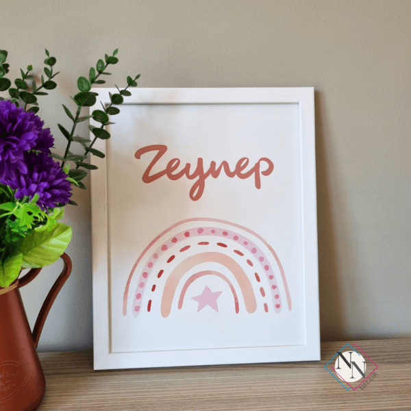 gökkuşağı-isim-beyaz İsme Özel Oyuncak Ayı ve Gökyüzü Temalı 3'lü Set - Doğal Ahşap Çerçeveli, Kız Bebek ve Çocuk Odası