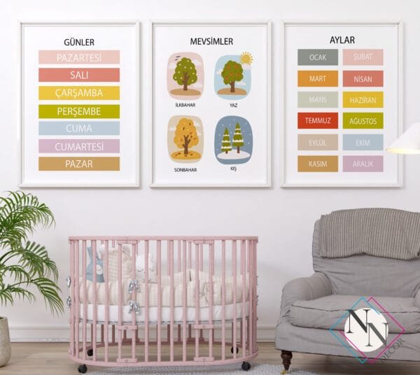 günler-aylar-mevsimler-beyaz Günler, Aylar, Mevsimler 3'lü Eğitici Set, Doğal Ahşap Çerçeveli, Bebek ve Çocuk Odası Tablo Seti