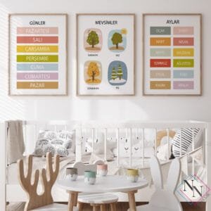 Günler, Aylar, Mevsimler 3'lü Eğitici Set, Doğal Ahşap Çerçeveli, Bebek ve Çocuk Odası Tablo Seti