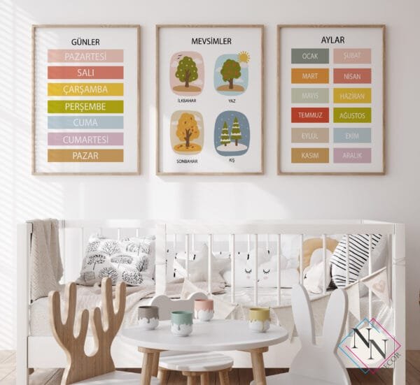 günler-aylar-mevsimler-naturel Günler, Aylar, Mevsimler 3'lü Eğitici Set, Doğal Ahşap Çerçeveli, Bebek ve Çocuk Odası Tablo Seti
