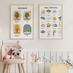 Mevsimler ve Hava Durumları Eğitici 2'li Set - Doğal Ahşap Çerçeveli, Bebek ve Çocuk Odası Tablo Seti
